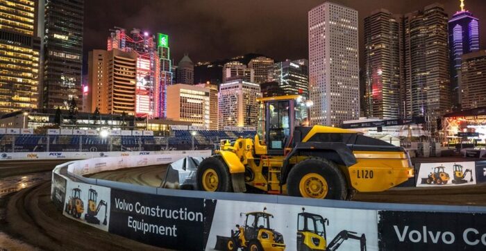 Volvo CE FIA World RX electric wheel loader on a racetrack