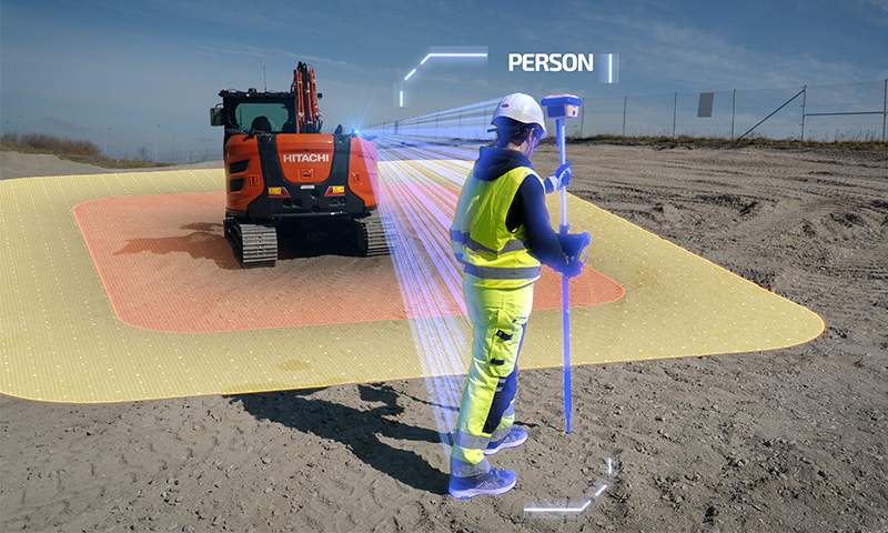 Leica Xsight360 mini excavator sensing a worker