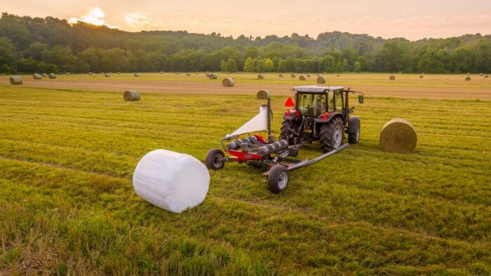 Massey Ferguson bale wrapper on a tractor