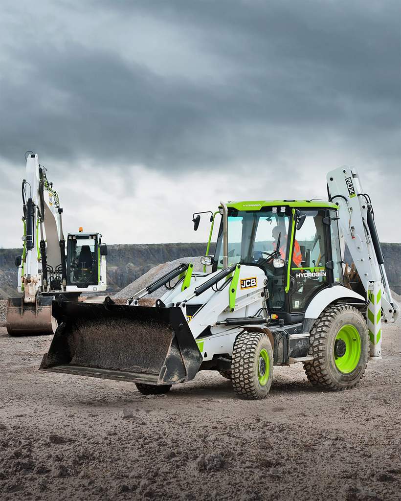 JCB hydrogen powered backhoe working with a hydrogen excavator
