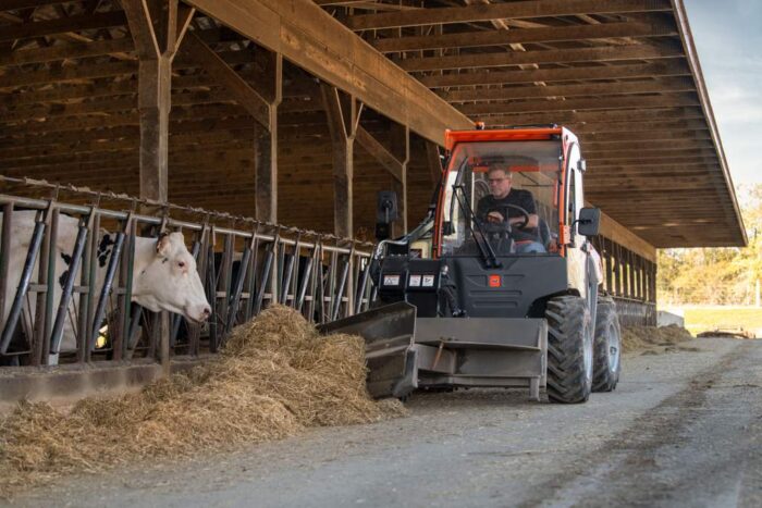 JLG compact telehandler on a farm cows 