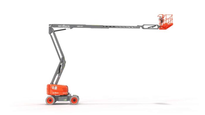 Skyjack SJ60AJE Plus boom lift with man basket up and over -- white background