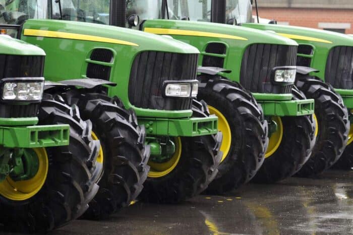 New tractors on display at a trade fair john deere