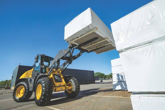 John Deere wheel loader with pallet forks